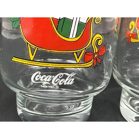 1985 (2) MCCRORY STORES Santa COCA COLA Tumbler Glasses Christmas Tree Sleigh - Picture 8 of 11